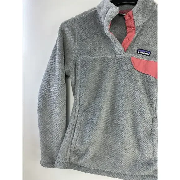 Patagonia Re-Tool Fleece 1/4 Snap-T Pullover Gray Aurea Pink Trim Women's Medium - Picture 3 of 12